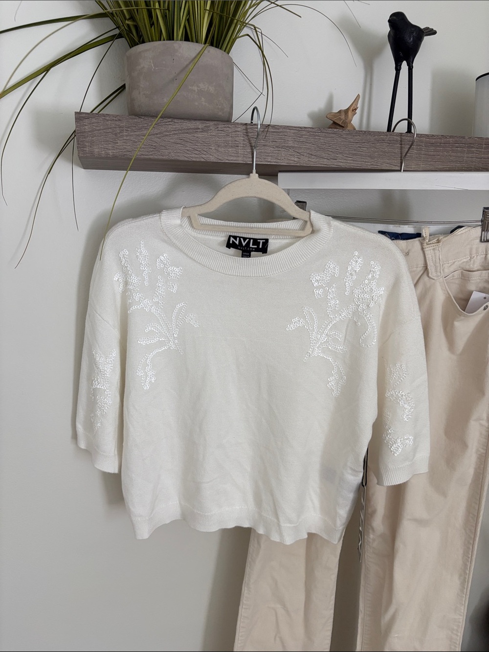 NVLT White Sequin-Embellished Short Sleeve Sweater Top